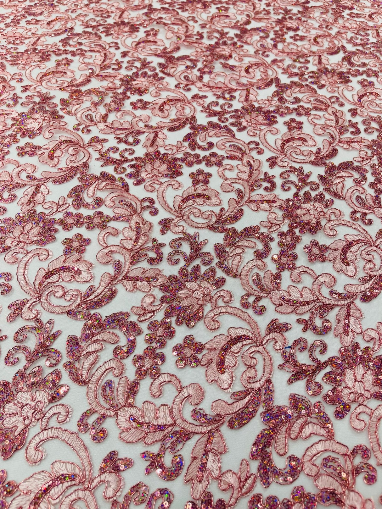 Metallic Corded Lace Design Embroidered Lace Fabric - Metallic Floral Sequins, 54" Width (1 Yard)