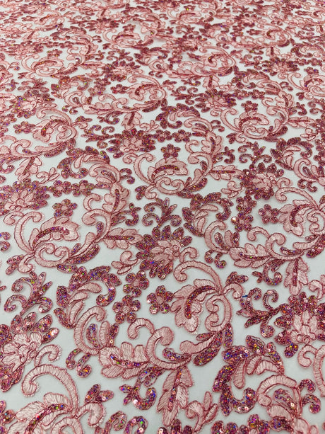 Metallic Corded Lace Design Embroidered Lace Fabric - Metallic Floral Sequins, 54" Width (1 Yard)