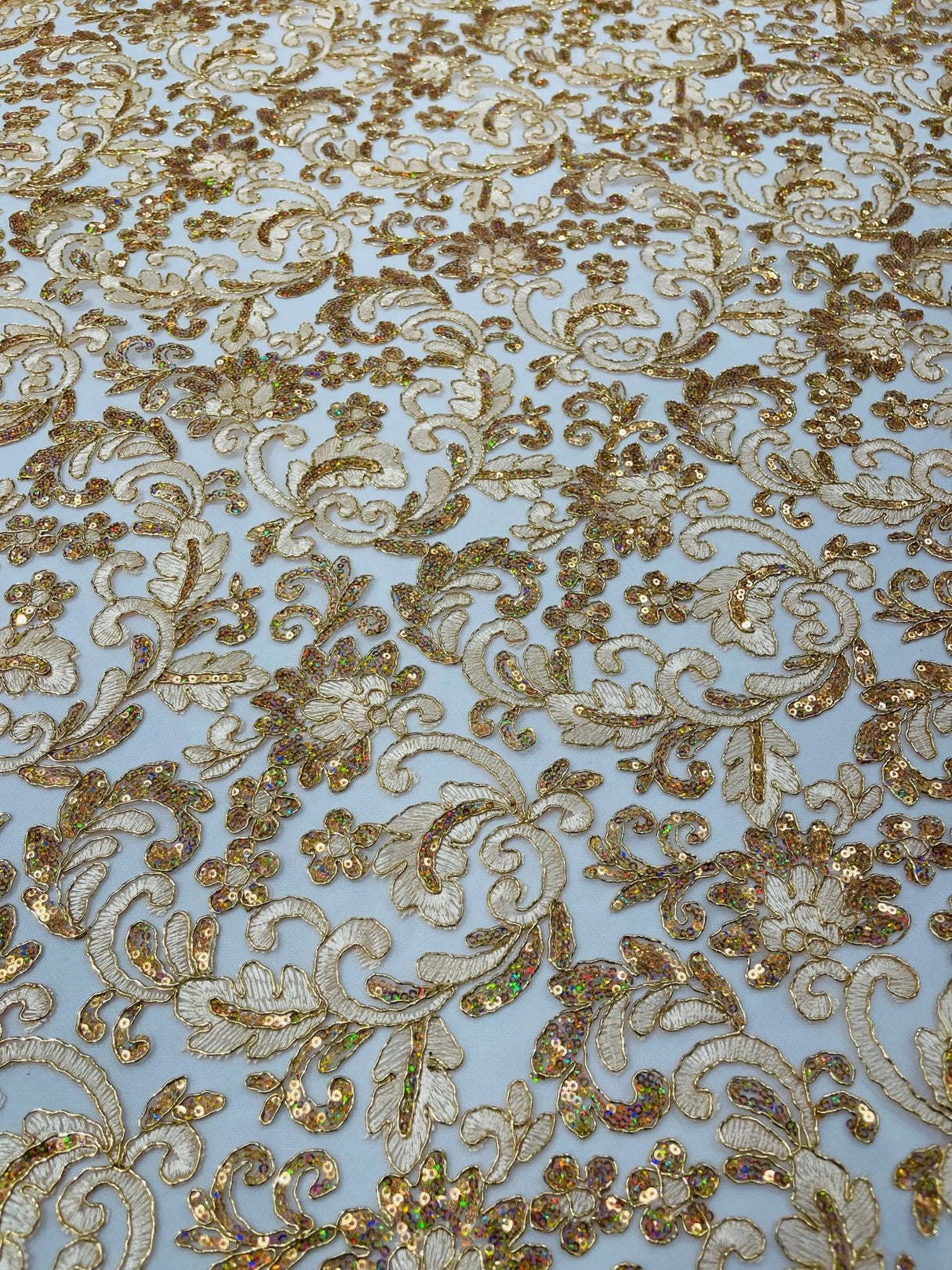 Metallic Corded Lace Design Embroidered Lace Fabric - Metallic Floral Sequins, 54" Width (1 Yard)