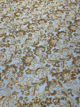 Metallic Corded Lace Design Embroidered Lace Fabric - Metallic Floral Sequins, 54" Width (1 Yard)