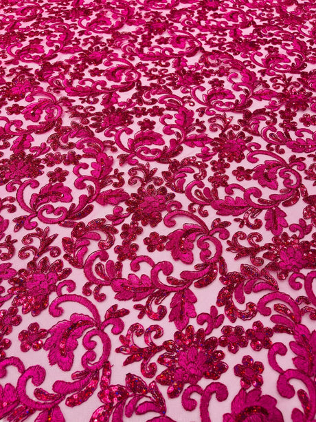 Metallic Corded Lace Design Embroidered Lace Fabric - Metallic Floral Sequins, 54" Width (1 Yard)