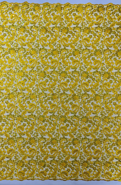 Metallic Corded Lace Design Embroidered Lace Fabric - Metallic Floral Sequins, 54" Width (1 Yard)
