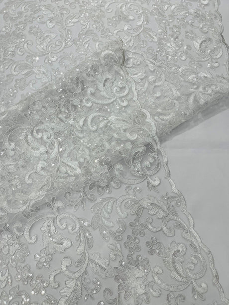 Metallic Corded Lace Design Embroidered Lace Fabric - Metallic Floral Sequins, 54" Width (1 Yard)