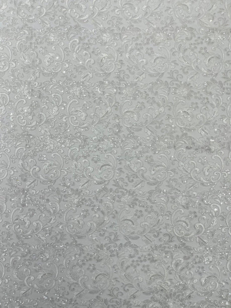 Metallic Corded Lace Design Embroidered Lace Fabric - Metallic Floral Sequins, 54" Width (1 Yard)