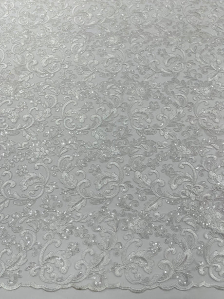 Metallic Corded Lace Design Embroidered Lace Fabric - Metallic Floral Sequins, 54" Width (1 Yard)