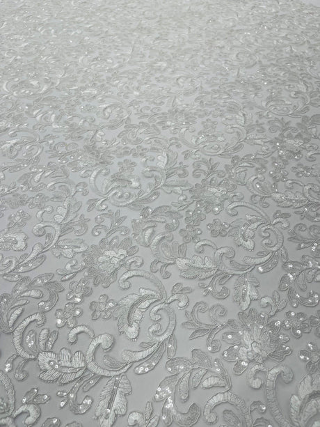 Metallic Corded Lace Design Embroidered Lace Fabric - Metallic Floral Sequins, 54" Width (1 Yard)