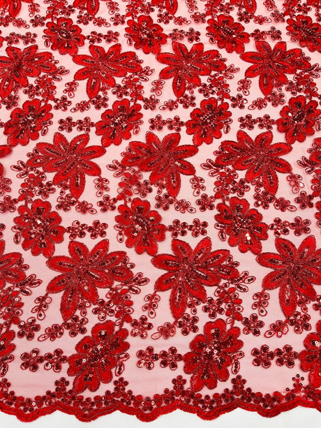 Metallic Floral Lace Design Embroidered Polyester Fabric - Floral Lace, 54" Width (1 Yard)