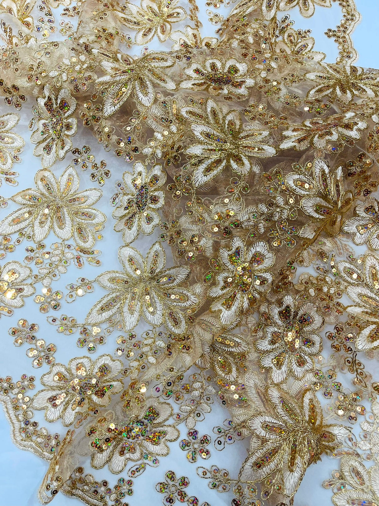 Metallic Floral Lace Design Embroidered Polyester Fabric - Floral Lace, 54" Width (1 Yard)