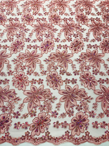 Metallic Floral Lace Design Embroidered Polyester Fabric - Floral Lace, 54" Width (1 Yard)