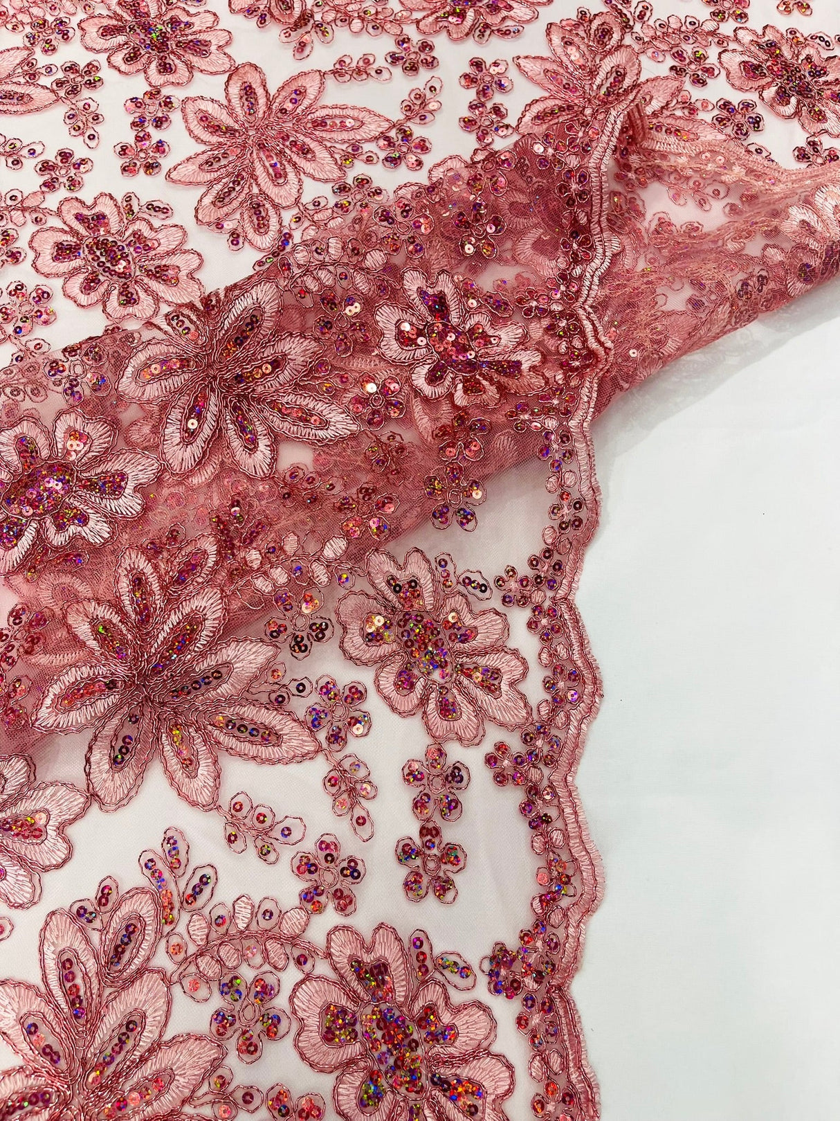 Metallic Floral Lace Design Embroidered Polyester Fabric - Floral Lace, 54" Width (1 Yard)