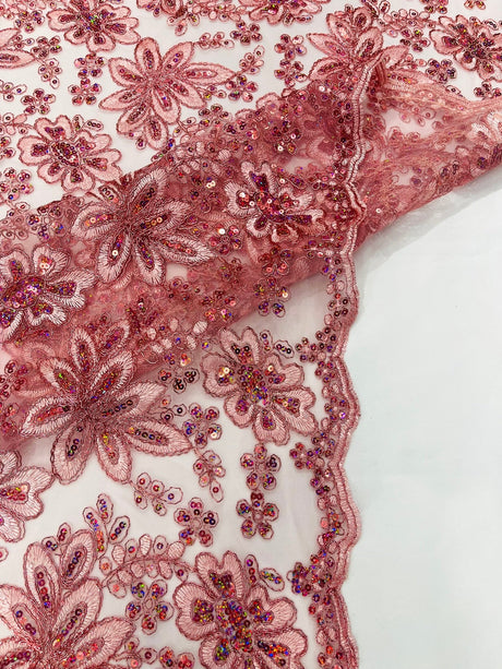 Metallic Floral Lace Design Embroidered Polyester Fabric - Floral Lace, 54" Width (1 Yard)
