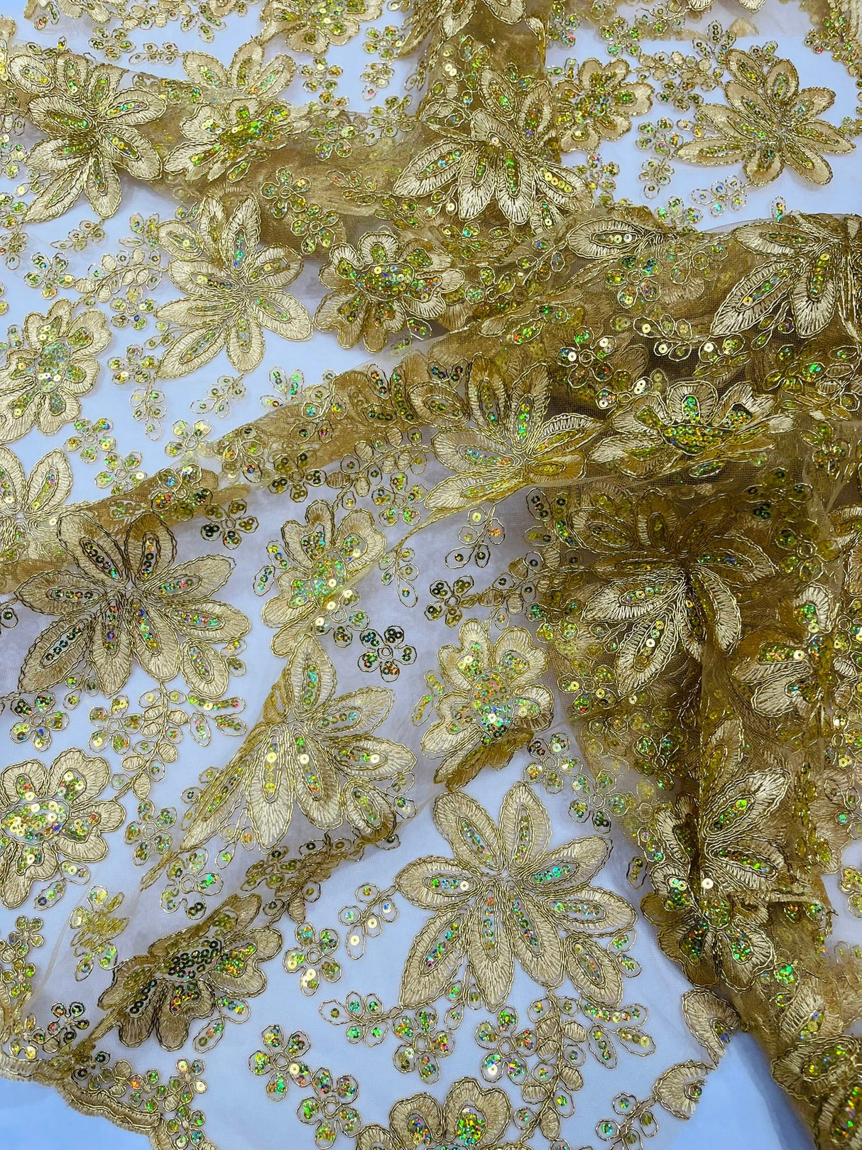 Metallic Floral Lace Design Embroidered Polyester Fabric - Floral Lace, 54" Width (1 Yard)