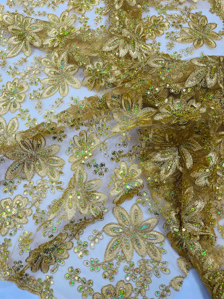 Metallic Floral Lace Design Embroidered Polyester Fabric - Floral Lace, 54" Width (1 Yard)