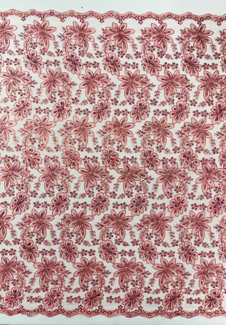 Metallic Floral Lace Design Embroidered Polyester Fabric - Floral Lace, 54" Width (1 Yard)