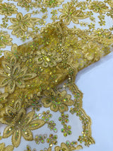 Metallic Floral Lace Design Embroidered Polyester Fabric - Floral Lace, 54" Width (1 Yard)