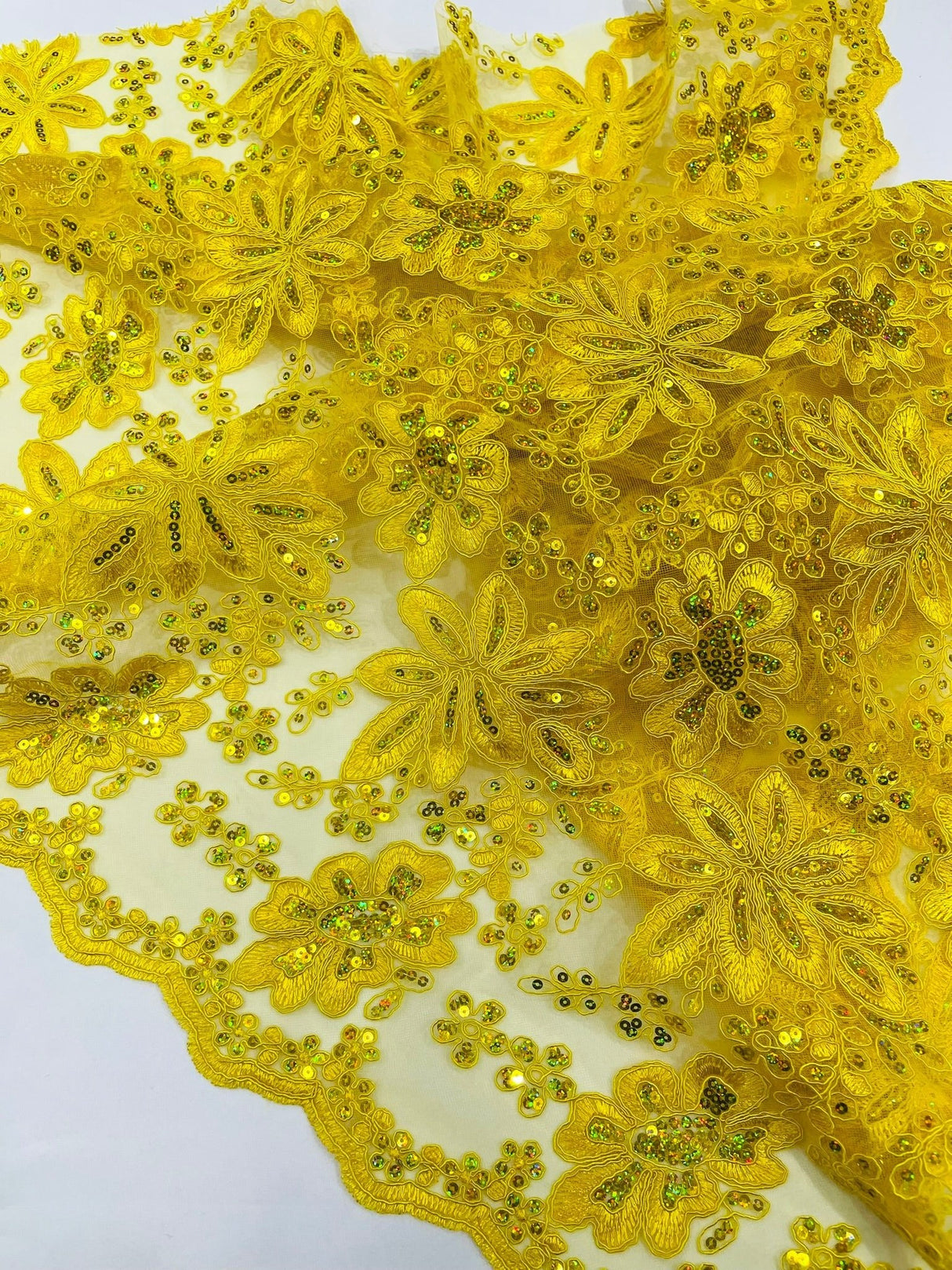 Metallic Floral Lace Design Embroidered Polyester Fabric - Floral Lace, 54" Width (1 Yard)