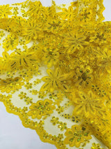 Metallic Floral Lace Design Embroidered Polyester Fabric - Floral Lace, 54" Width (1 Yard)