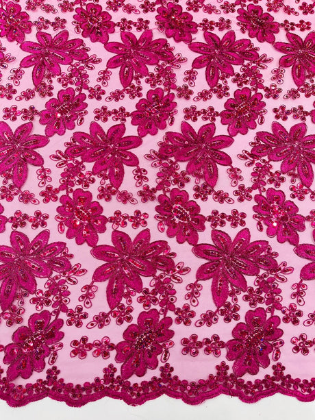 Metallic Floral Lace Design Embroidered Polyester Fabric - Floral Lace, 54" Width (1 Yard)