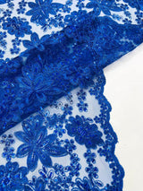 Metallic Floral Lace Design Embroidered Polyester Fabric - Floral Lace, 54" Width (1 Yard)