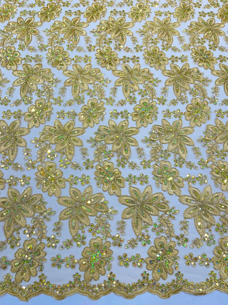 Metallic Floral Lace Design Embroidered Polyester Fabric - Floral Lace, 54" Width (1 Yard)