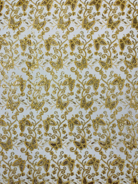 Metallic Lace Fabric - Embroidered Butterfly Vines With Sequins, 54" Width (1 Yard)