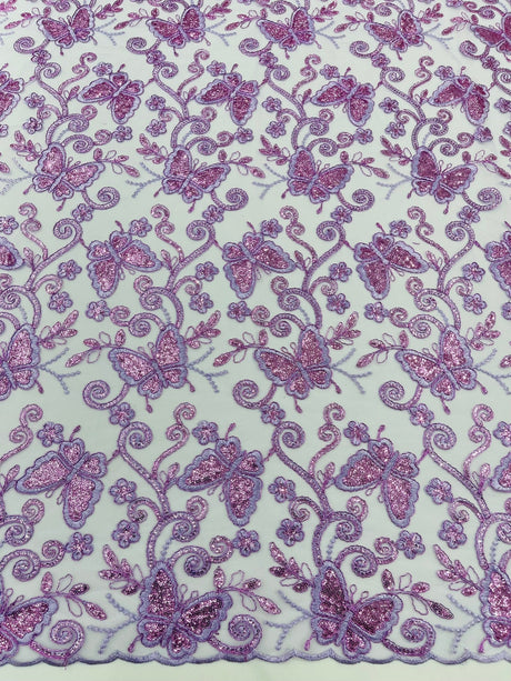 Metallic Lace Fabric - Embroidered Butterfly Vines With Sequins, 54" Width (1 Yard)