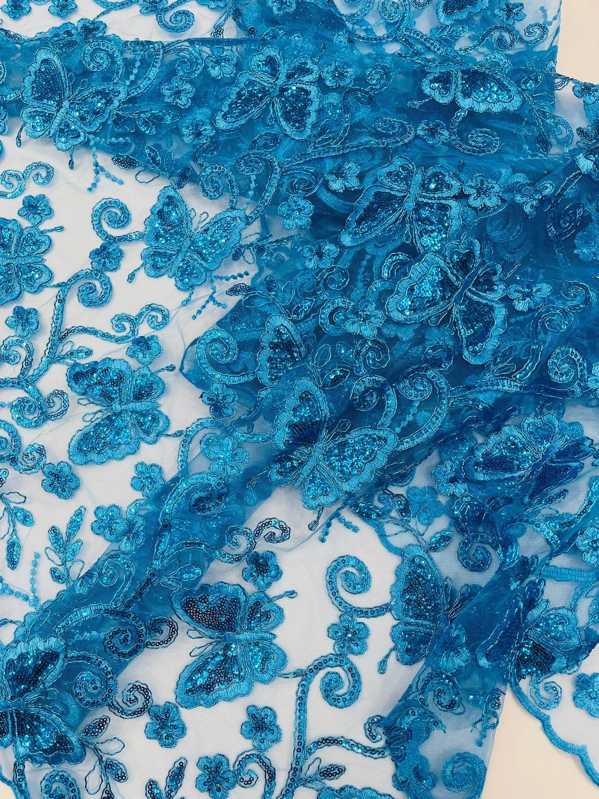 Metallic Lace Fabric - Embroidered Butterfly Vines With Sequins, 54" Width (1 Yard)