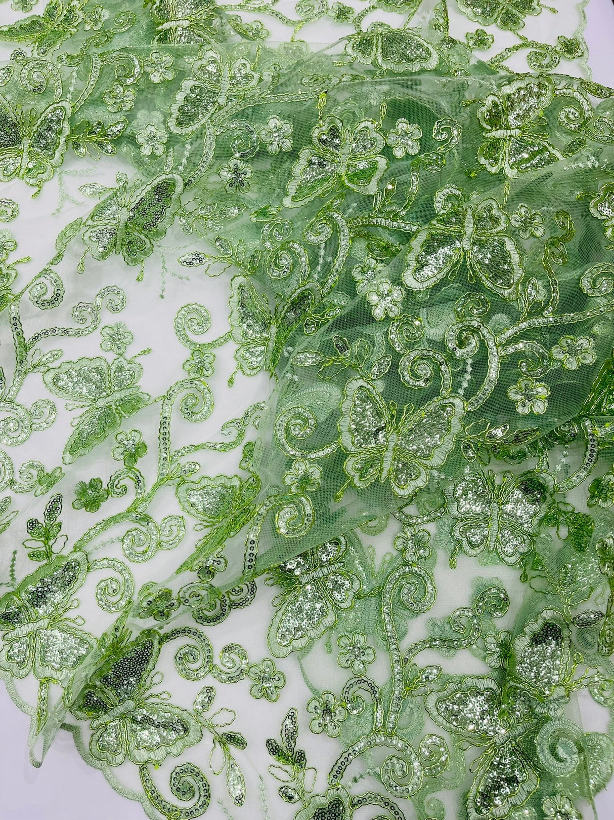 Metallic Lace Fabric - Embroidered Butterfly Vines With Sequins, 54" Width (1 Yard)