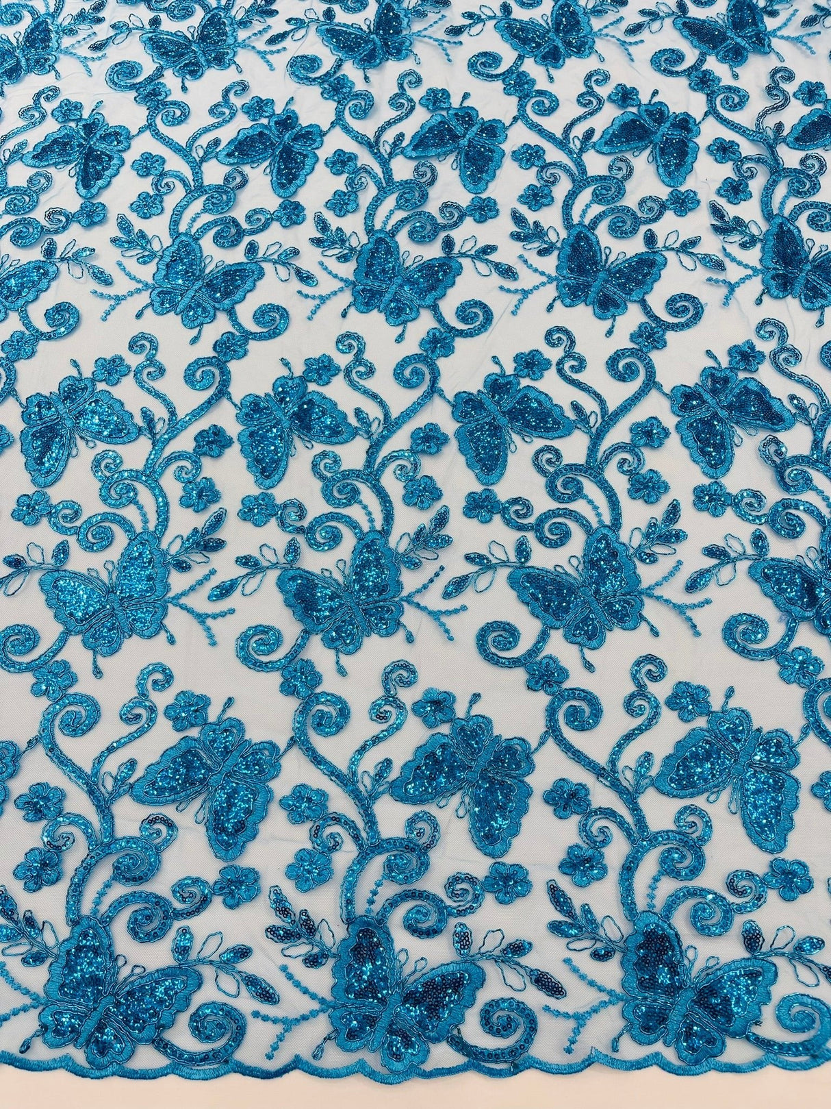 Metallic Lace Fabric - Embroidered Butterfly Vines With Sequins, 54" Width (1 Yard)