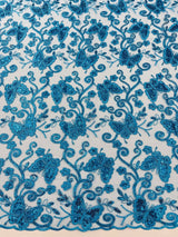 Metallic Lace Fabric - Embroidered Butterfly Vines With Sequins, 54" Width (1 Yard)