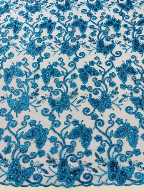 Metallic Lace Fabric - Embroidered Butterfly Vines With Sequins, 54" Width (1 Yard)
