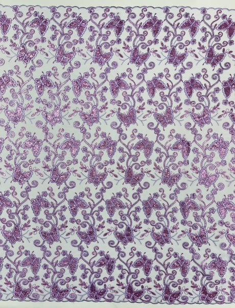 Metallic Lace Fabric - Embroidered Butterfly Vines With Sequins, 54" Width (1 Yard)