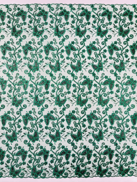 Metallic Lace Fabric - Embroidered Butterfly Vines With Sequins, 54" Width (1 Yard)