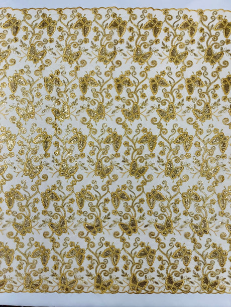 Metallic Lace Fabric - Embroidered Butterfly Vines With Sequins, 54" Width (1 Yard)