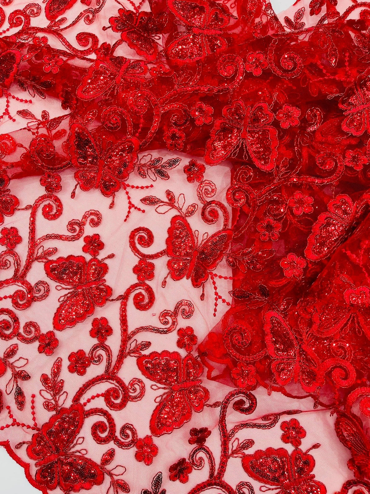 Metallic Lace Fabric - Embroidered Butterfly Vines With Sequins, 54" Width (1 Yard)