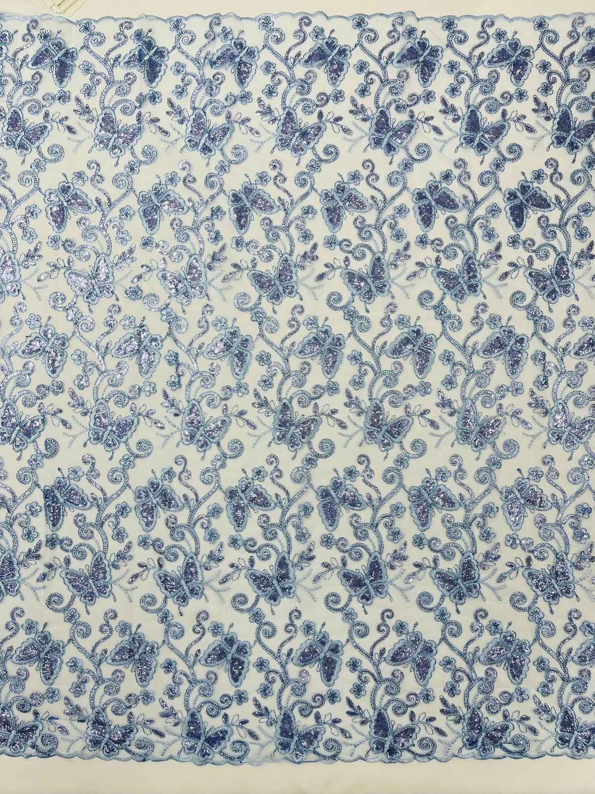 Metallic Lace Fabric - Embroidered Butterfly Vines With Sequins, 54" Width (1 Yard)