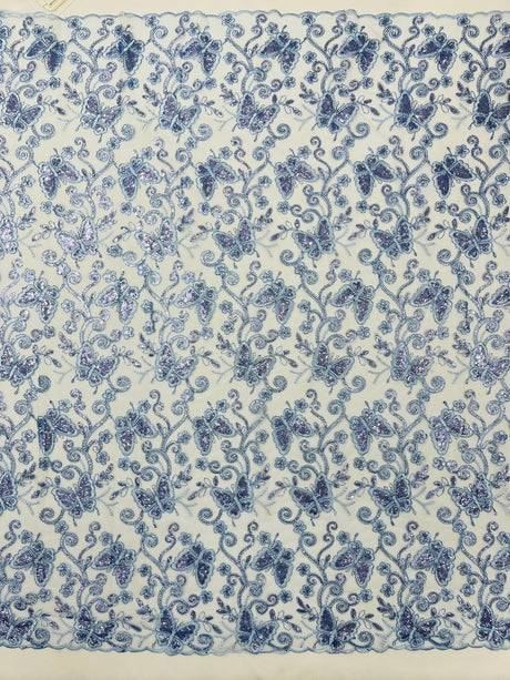 Metallic Lace Fabric - Embroidered Butterfly Vines With Sequins, 54" Width (1 Yard)