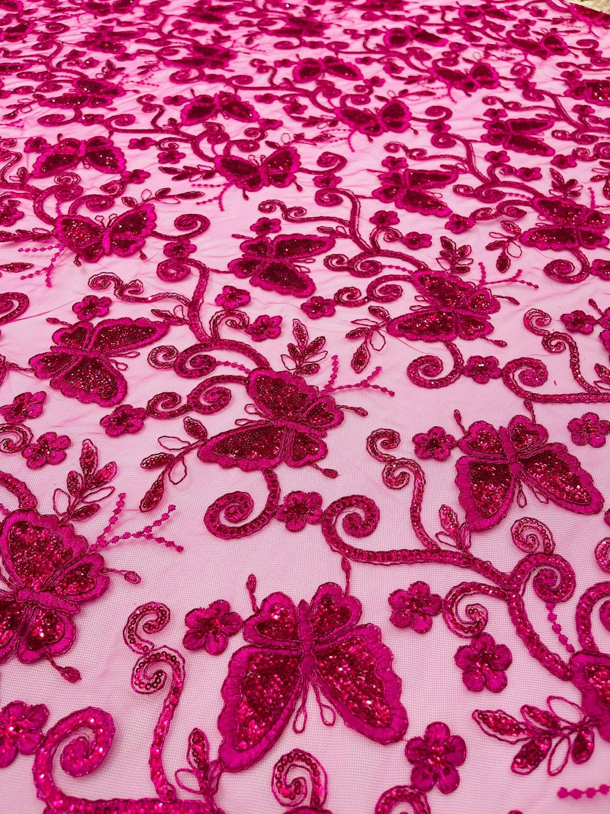 Metallic Lace Fabric - Embroidered Butterfly Vines With Sequins, 54" Width (1 Yard)