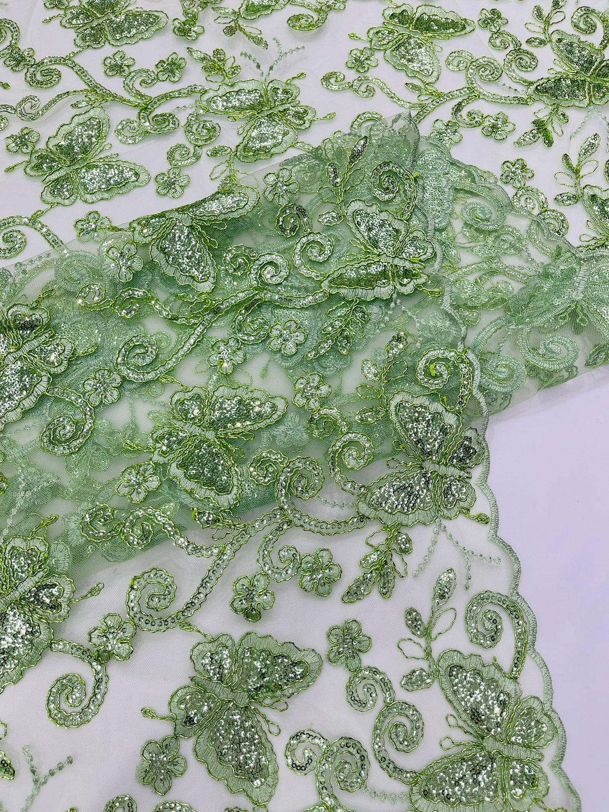 Metallic Lace Fabric - Embroidered Butterfly Vines With Sequins, 54" Width (1 Yard)
