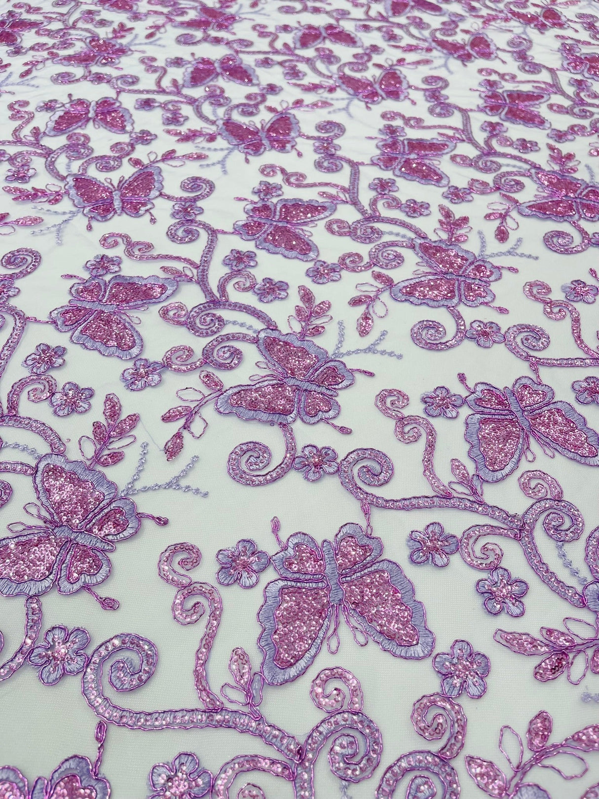 Metallic Lace Fabric - Embroidered Butterfly Vines With Sequins, 54" Width (1 Yard)