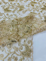 Metallic Lace Fabric - Embroidered Butterfly Vines With Sequins, 54" Width (1 Yard)