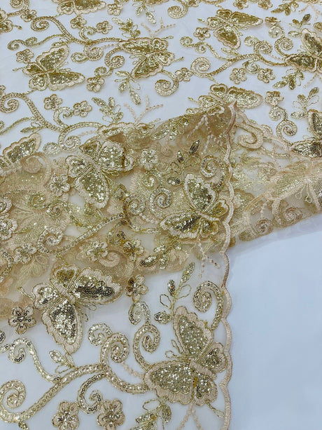 Metallic Lace Fabric - Embroidered Butterfly Vines With Sequins, 54" Width (1 Yard)
