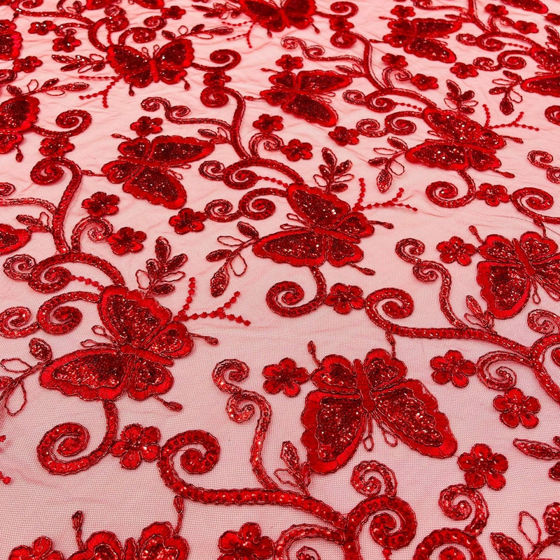 Metallic Lace Fabric - Embroidered Butterfly Vines With Sequins, 54" Width (1 Yard)