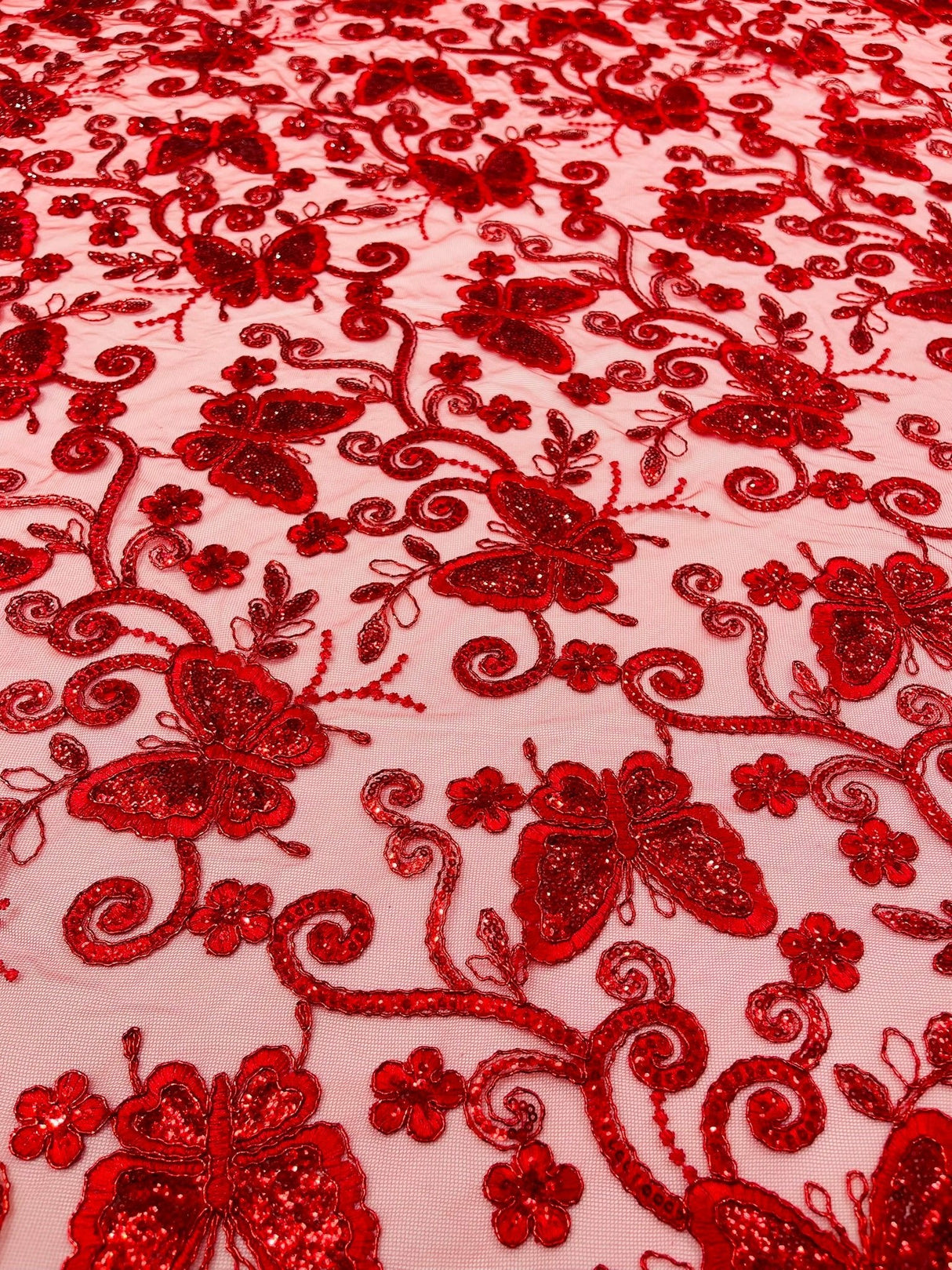 Metallic Lace Fabric - Embroidered Butterfly Vines With Sequins, 54" Width (1 Yard)