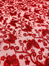 Metallic Lace Fabric - Embroidered Butterfly Vines With Sequins, 54" Width (1 Yard)