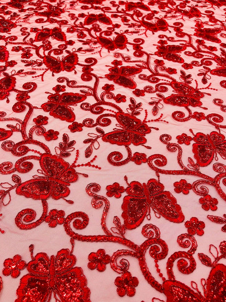 Metallic Lace Fabric - Embroidered Butterfly Vines With Sequins, 54" Width (1 Yard)