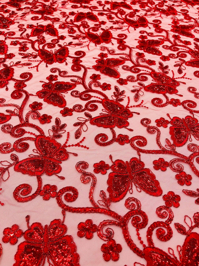Metallic Lace Fabric - Embroidered Butterfly Vines With Sequins, 54" Width (1 Yard)