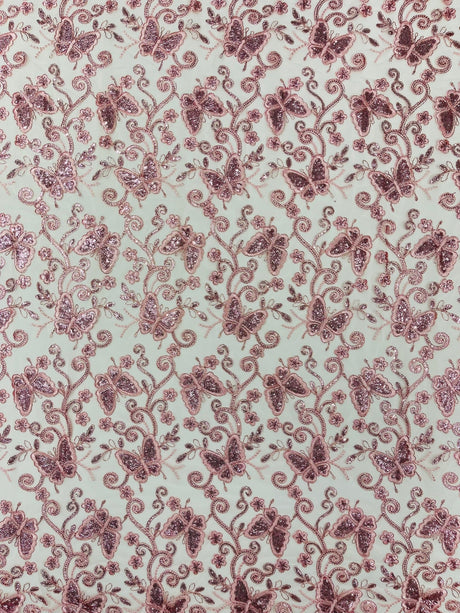 Metallic Lace Fabric - Embroidered Butterfly Vines With Sequins, 54" Width (1 Yard)