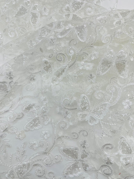 Metallic Lace Fabric - Embroidered Butterfly Vines With Sequins, 54" Width (1 Yard)