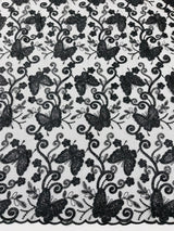 Metallic Lace Fabric - Embroidered Butterfly Vines With Sequins, 54" Width (1 Yard)